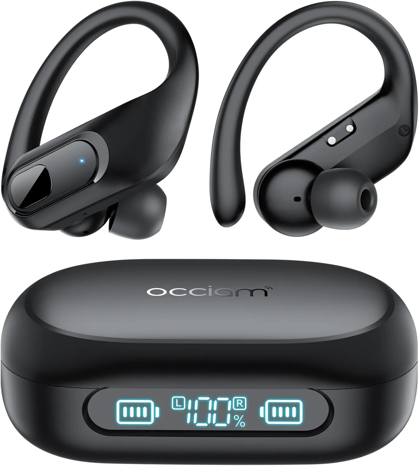 occiam Wireless Earbuds Bluetooth Headphones Ear Buds 96Hrs Playback Sport Over-Ear Waterproof Wireless Headphones Earphones with Earhooks ENC Mics Clear Call for Sport Running Workout Black