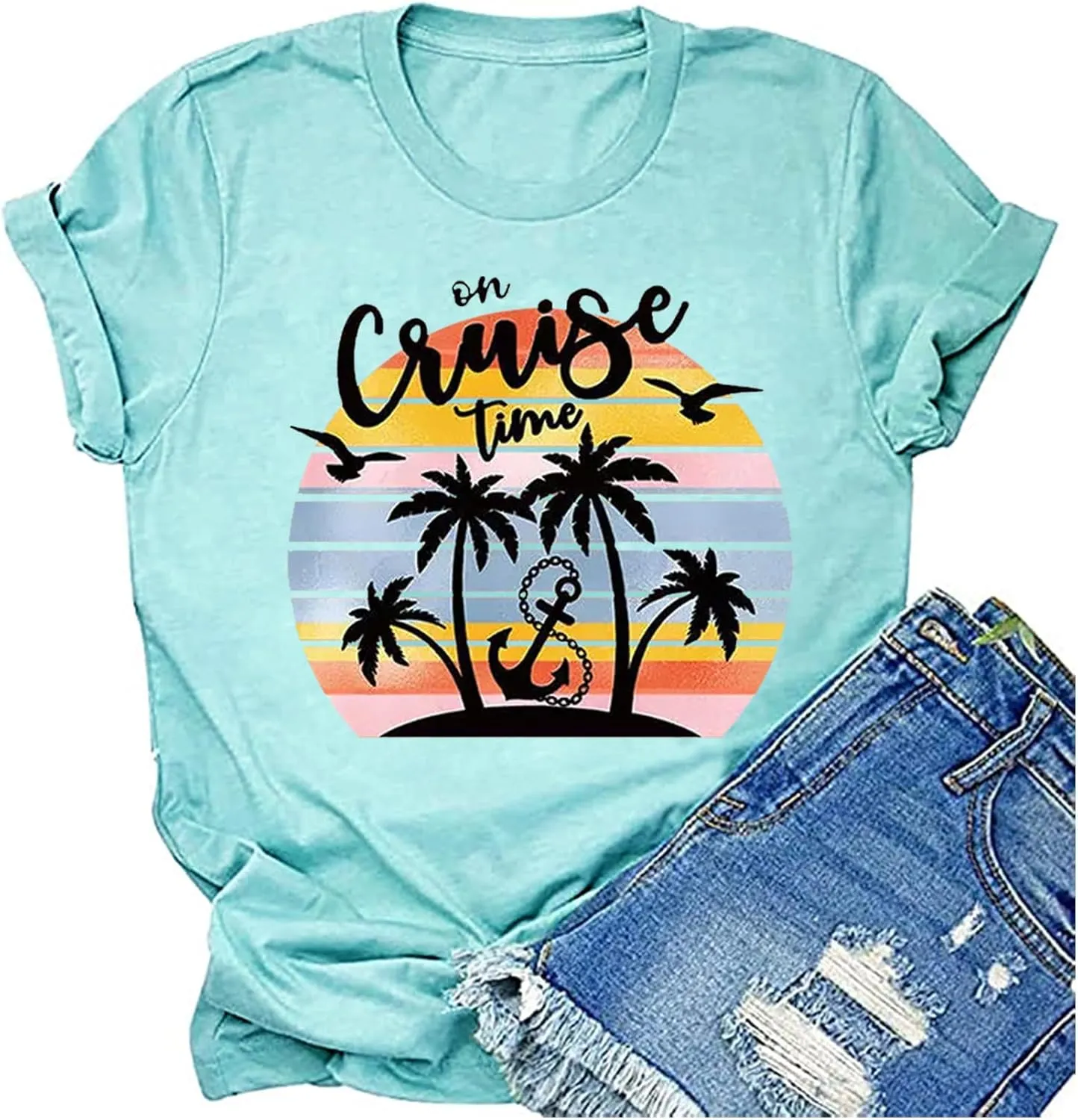 On Cruise Time Shirts for Women Palm Trees Beach Graphic Tee Tops Summer Beach Party Vacation Short Sleeve Tshirt Tops