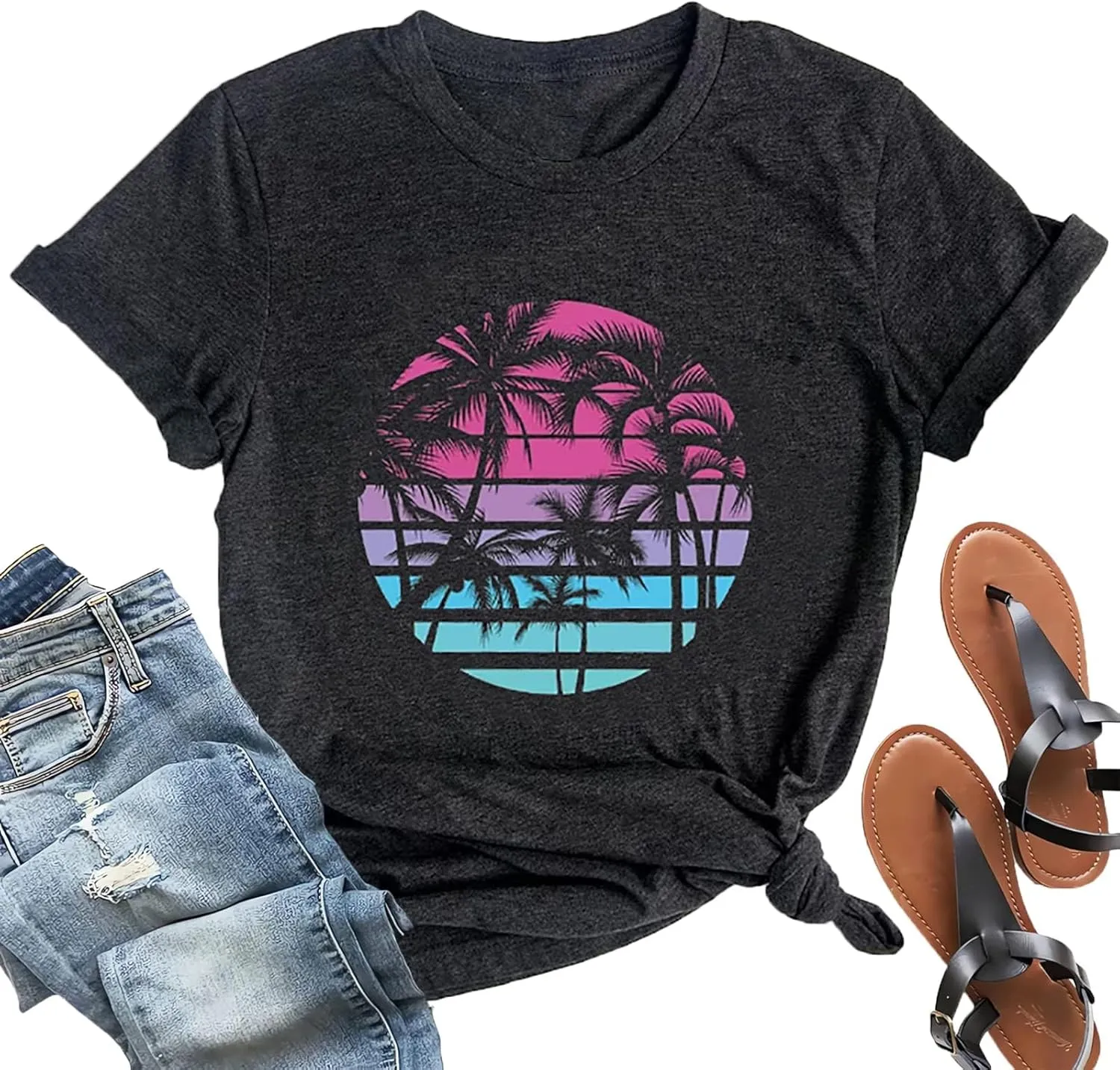 On Cruise Time Shirts for Women Palm Trees Beach Graphic Tee Tops Summer Beach Party Vacation Short Sleeve Tshirt Tops