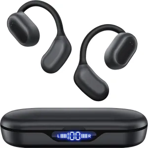 Open Ear Earbuds Ear Buds with LED Display & 90Hrs Playtime | IPX7 Waterproof Bluetooth 5.3 Wireless Bluetooth Headphones, 16.4mm Stereo Sound, Earhooks Sport Earbuds for Running Workout Gym Black