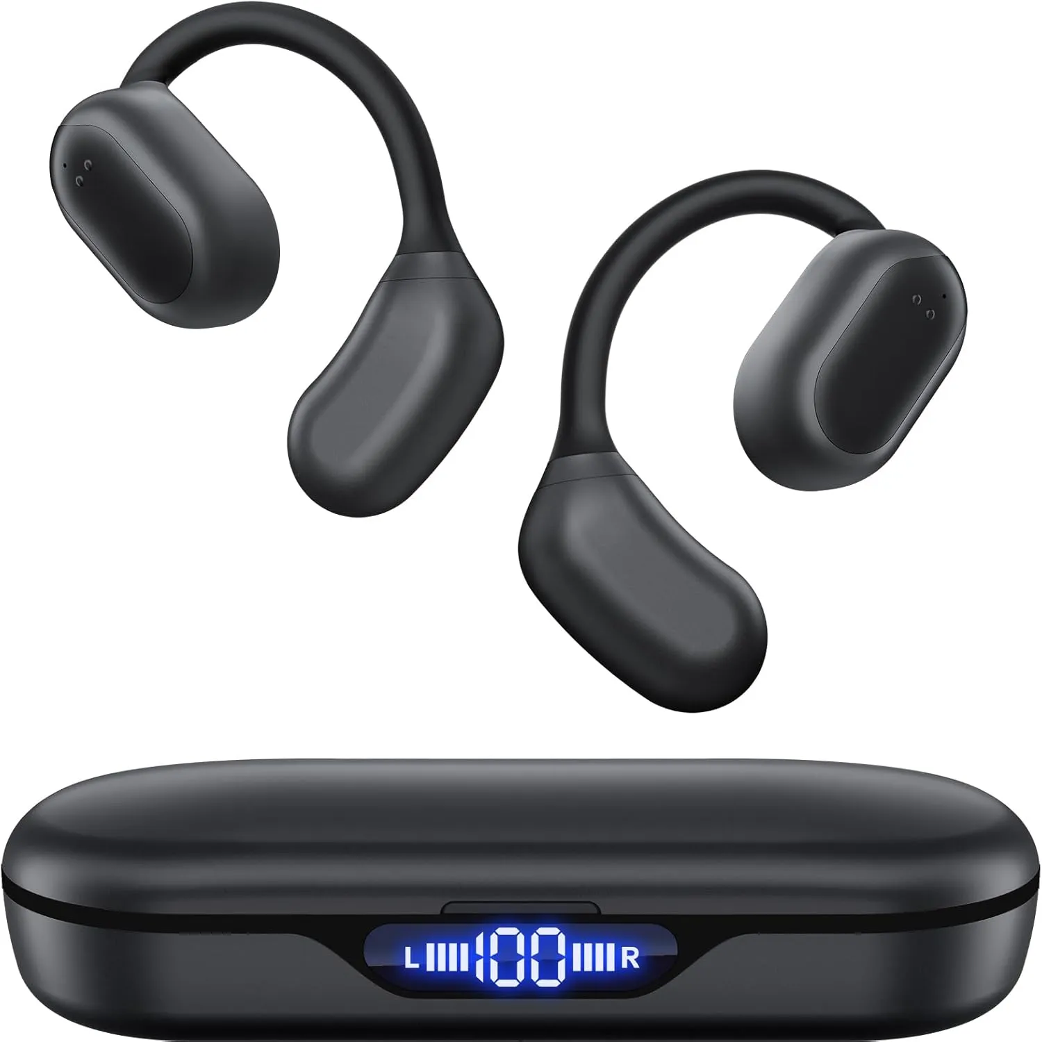 Open Ear Earbuds Ear Buds with LED Display & 90Hrs Playtime | IPX7 Waterproof Bluetooth 5.3 Wireless Bluetooth Headphones, 16.4mm Stereo Sound, Earhooks Sport Earbuds for Running Workout Gym Black