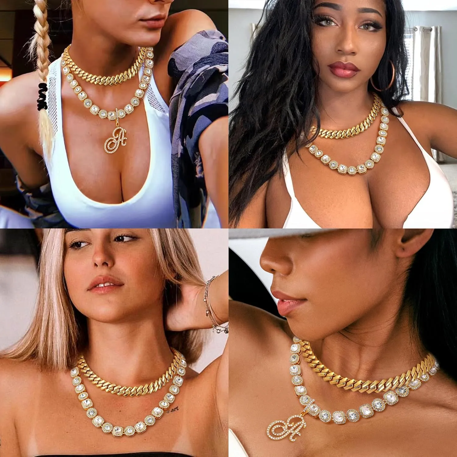 ORAZIO Initial Cuban Link Chain Necklace for Women Silver 18K Gold Plated Cursive Letter Name Necklaces Layered Iced Out Chain Necklace Hip Hop Jewelry