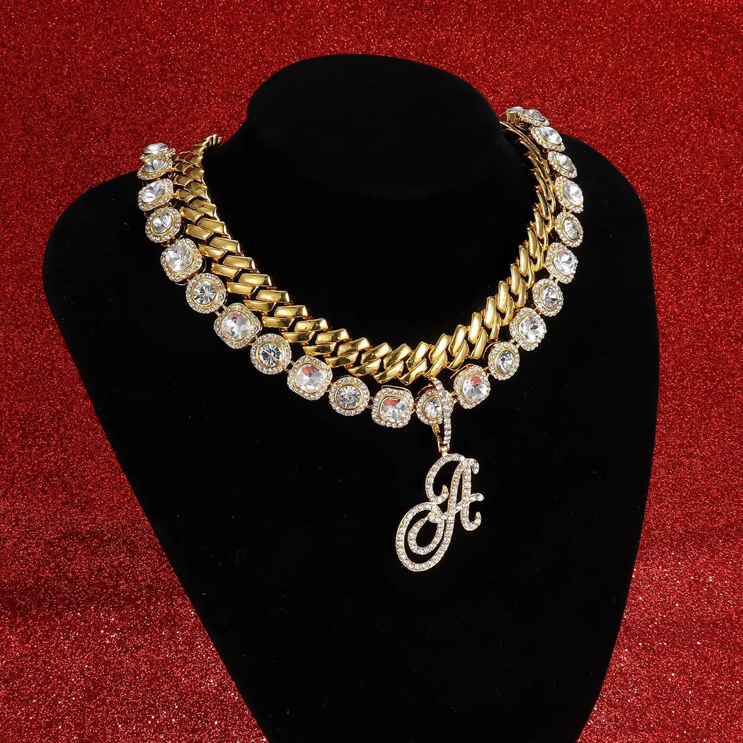 ORAZIO Initial Cuban Link Chain Necklace for Women Silver 18K Gold Plated Cursive Letter Name Necklaces Layered Iced Out Chain Necklace Hip Hop Jewelry