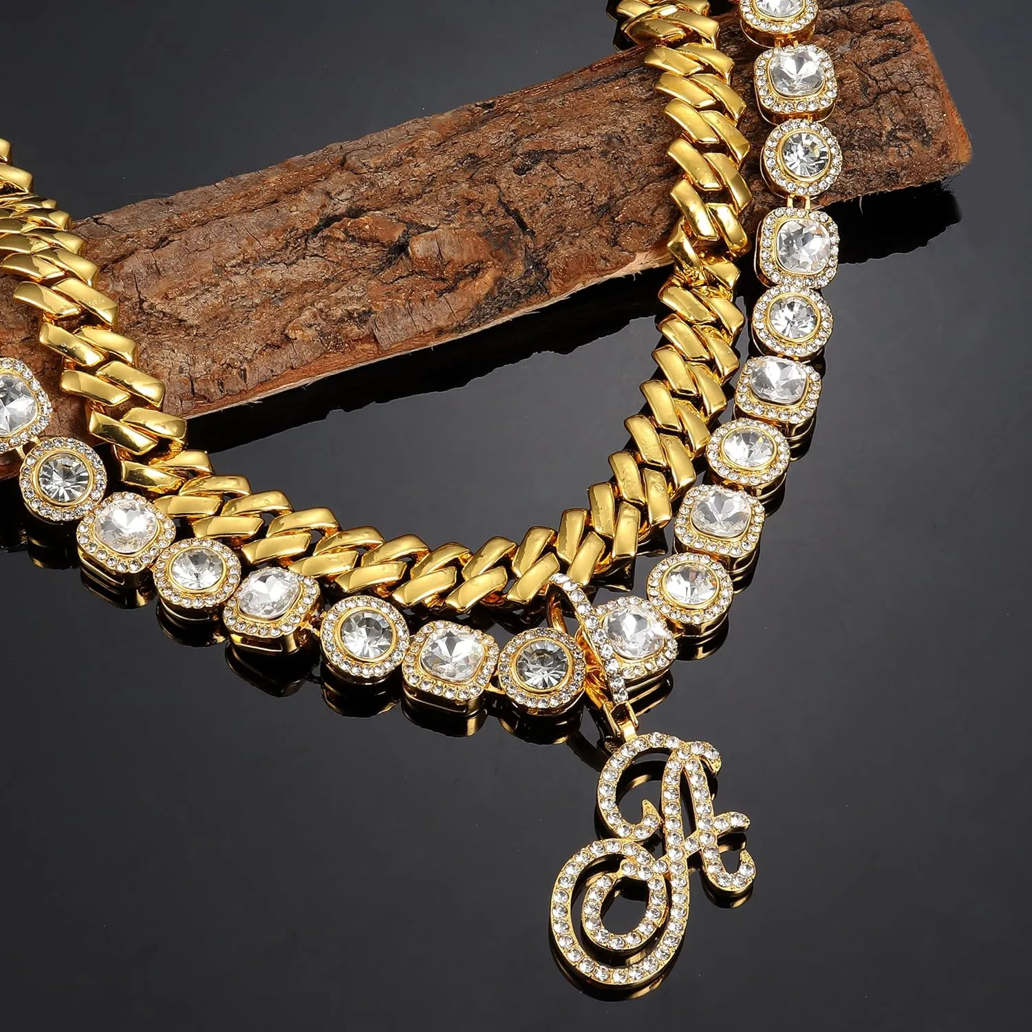 ORAZIO Initial Cuban Link Chain Necklace for Women Silver 18K Gold Plated Cursive Letter Name Necklaces Layered Iced Out Chain Necklace Hip Hop Jewelry