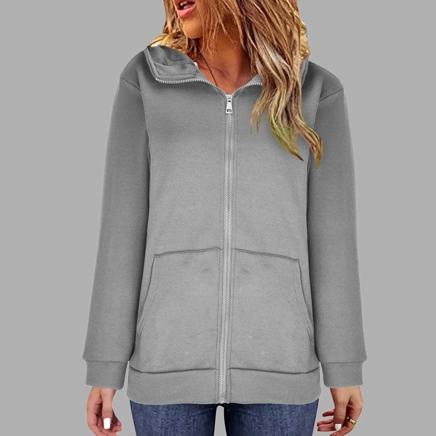Oversized Zipper Hooded Jackets for Women Plus Size Casual Fleece Long Sleeve Hoodie Sweatshirts with Pocket S-5XL
