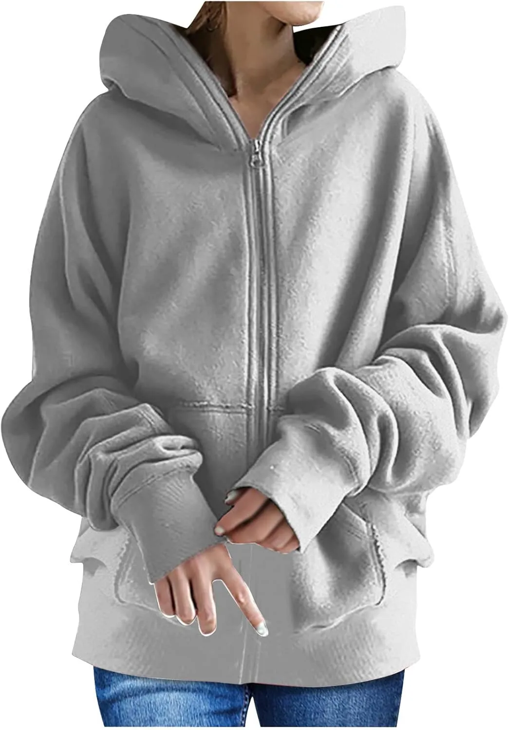 Oversized Zipper Hooded Jackets for Women Plus Size Casual Fleece Long Sleeve Hoodie Sweatshirts with Pocket S-5XL