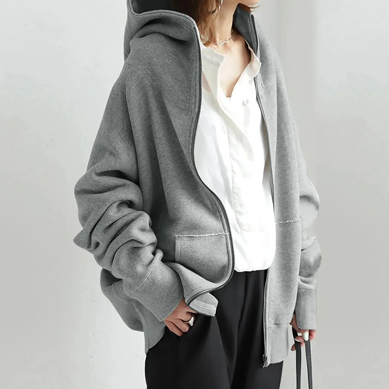 Oversized Zipper Hooded Jackets for Women Plus Size Casual Fleece Long Sleeve Hoodie Sweatshirts with Pocket S-5XL