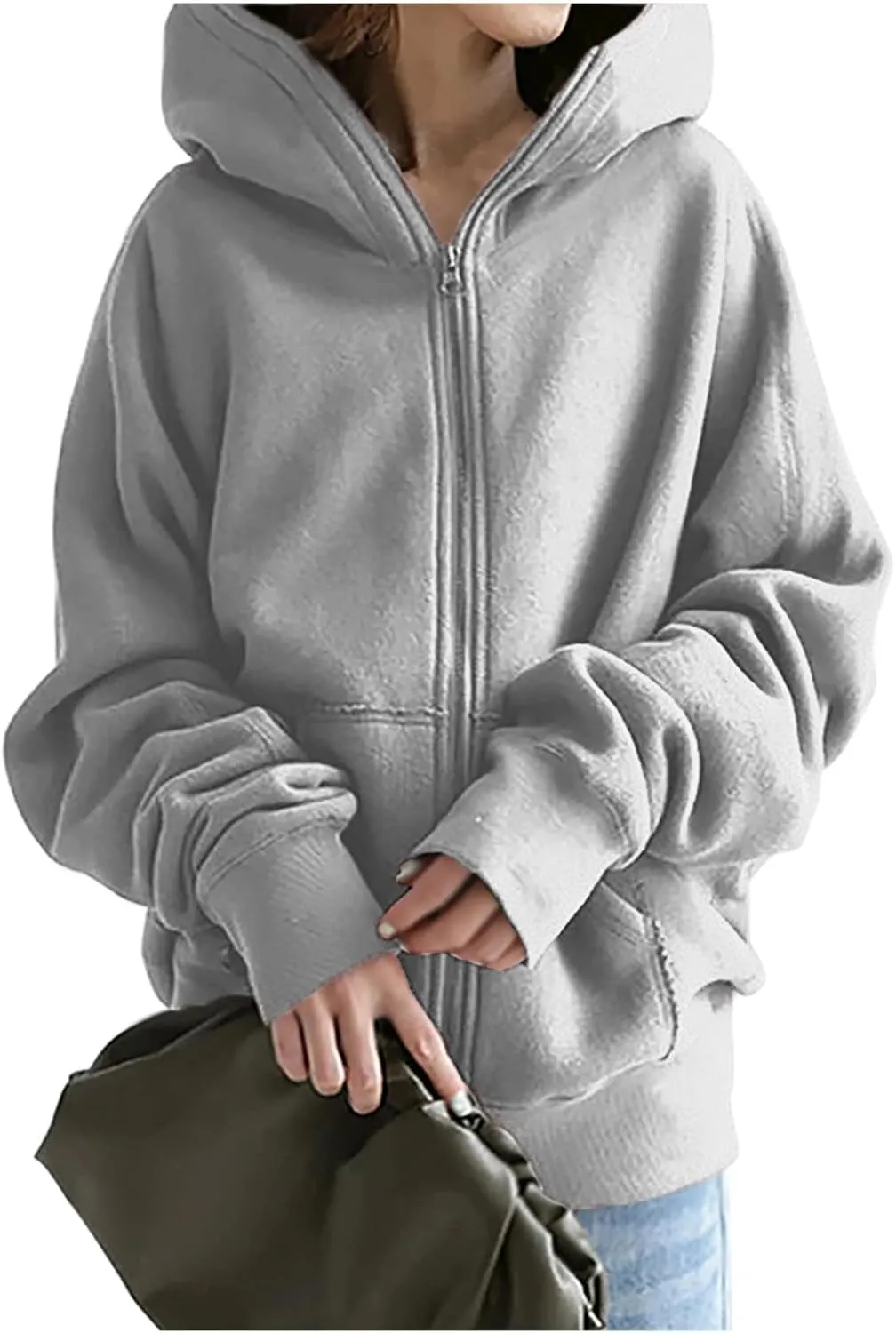 Oversized Zipper Hooded Jackets for Women Plus Size Casual Fleece Long Sleeve Hoodie Sweatshirts with Pocket S-5XL