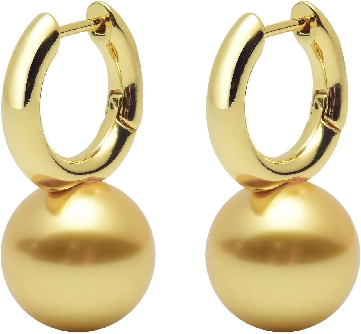 Pearl Dangle Earrings, 16mm Elegant Big Pearl Drop Earrings, 925 Sterling Silver 14K Gold Plated Clasp for Women, Pearl Hoop Earrings for Gift