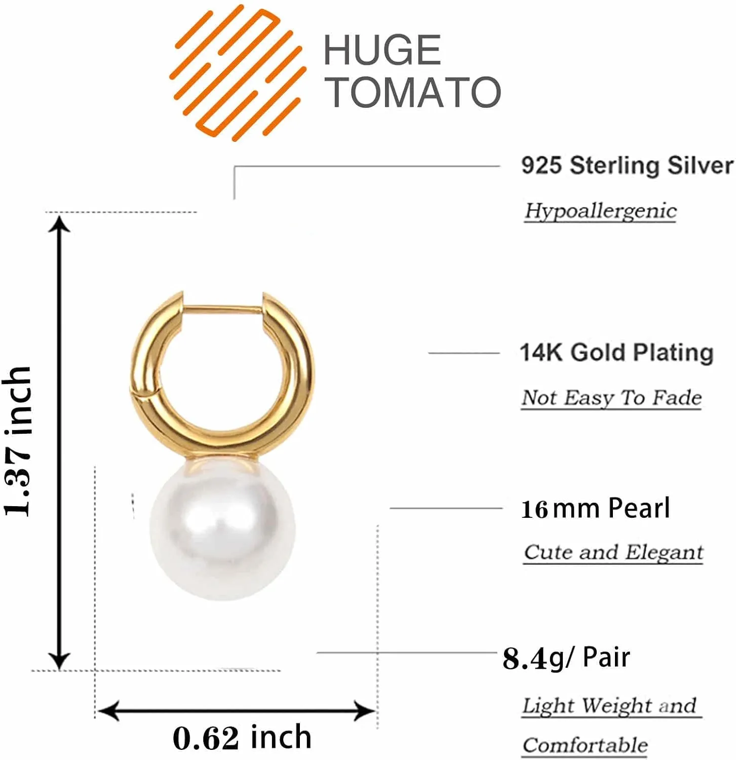 Pearl Dangle Earrings, 16mm Elegant Big Pearl Drop Earrings, 925 Sterling Silver 14K Gold Plated Clasp for Women, Pearl Hoop Earrings for Gift