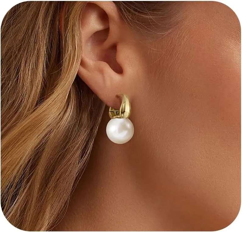 Pearl Earrings for Women,14k Gold Plated/925 Sterling Silver Hypoallergenic Pearl Drop Earrings Trendy Big Round Pearl Dangle Earrings Wedding Bride Jewelry Gifts for Her