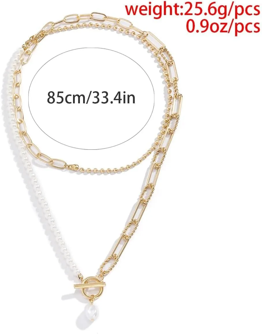 Pearl Layered Choker Necklace Chunky Charm Pearl Beaded Necklaces for Women Gold Chain Stack Pearls Pendant Necklace Boho Gold Coin Jewelry Birthday for Women