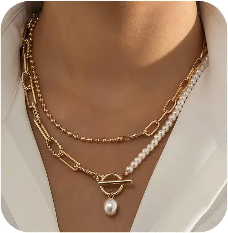 Pearl Layered Choker Necklace Chunky Charm Pearl Beaded Necklaces for Women Gold Chain Stack Pearls Pendant Necklace Boho Gold Coin Jewelry Birthday for Women