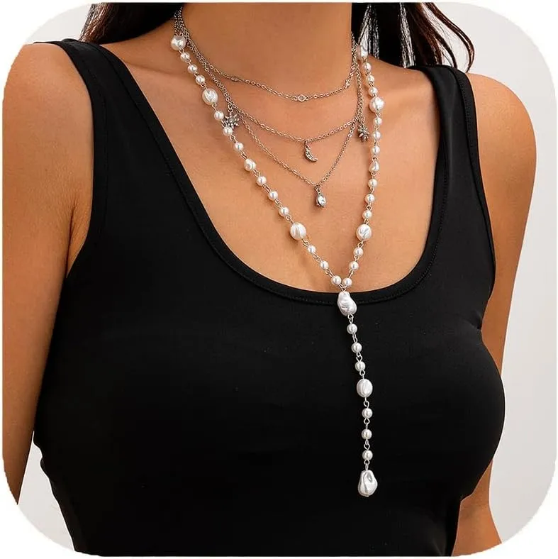 Pearl Necklaces for Women, Dainty Gold Necklace 14K Gold Plated Long Lariat Y Necklace Layered Sun Moon Pendant Necklace Cuban Chain Pearl Drop Necklaces Minimalist Jewelry for Women