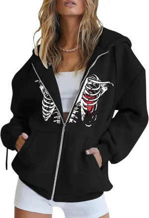 PETYCZEN Zip Up Hoodies for Women Casual Long Sleeve Oversized Sweatshirt Drawstring Cute Teen Girls Jackets Fall Y2K Clothes