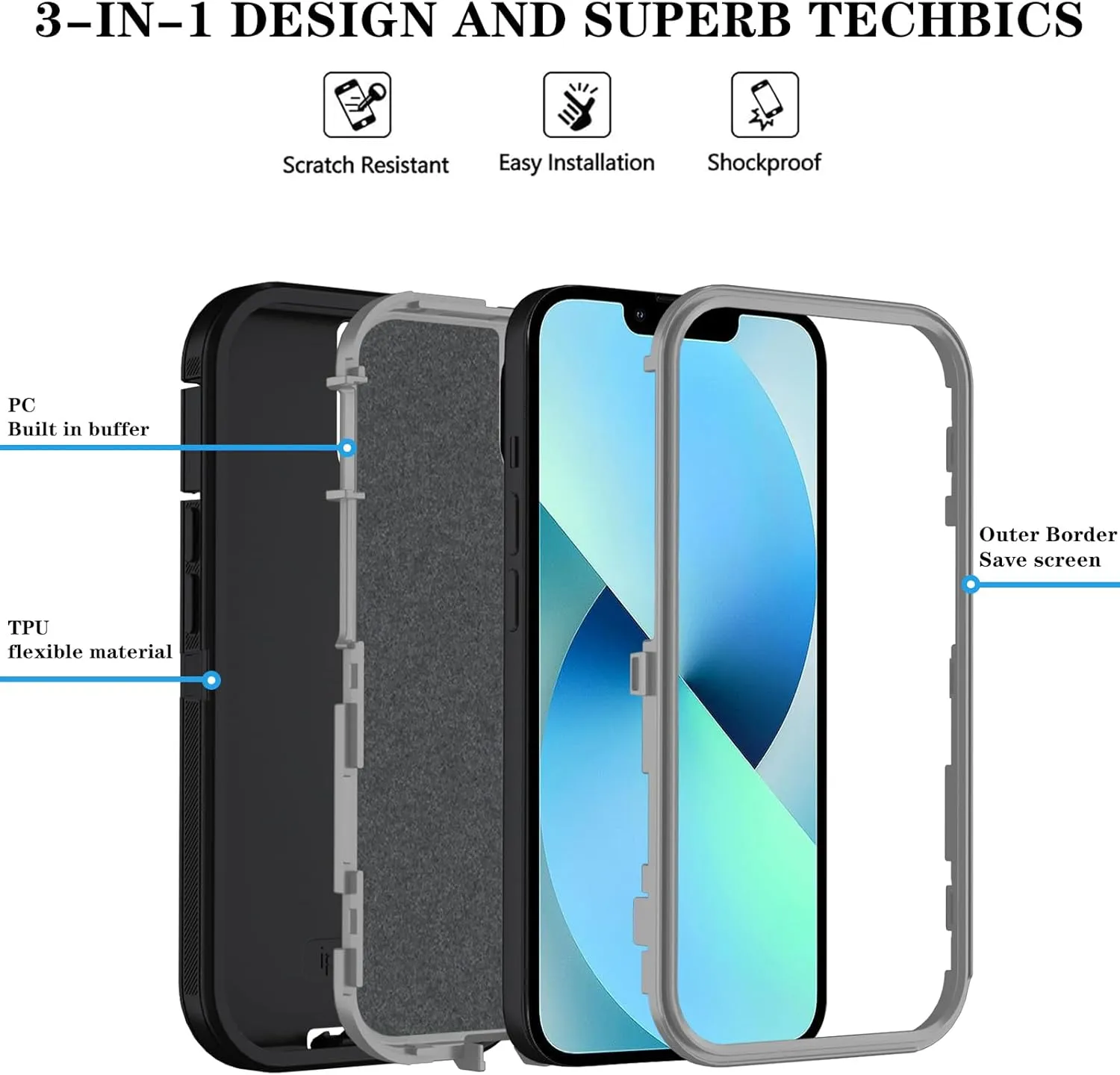 Phone Case for iPhone 13 Case/iPhone 14 Case with HD Screen Protector, Heavy Duty Shockproof & Dropproof 3-Layer Cover Phone Case for iPhone 13/14 (BlackGray)