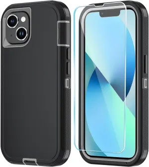 Phone Case for iPhone 13 Case/iPhone 14 Case with HD Screen Protector, Heavy Duty Shockproof & Dropproof 3-Layer Cover Phone Case for iPhone 13/14 (BlackGray)