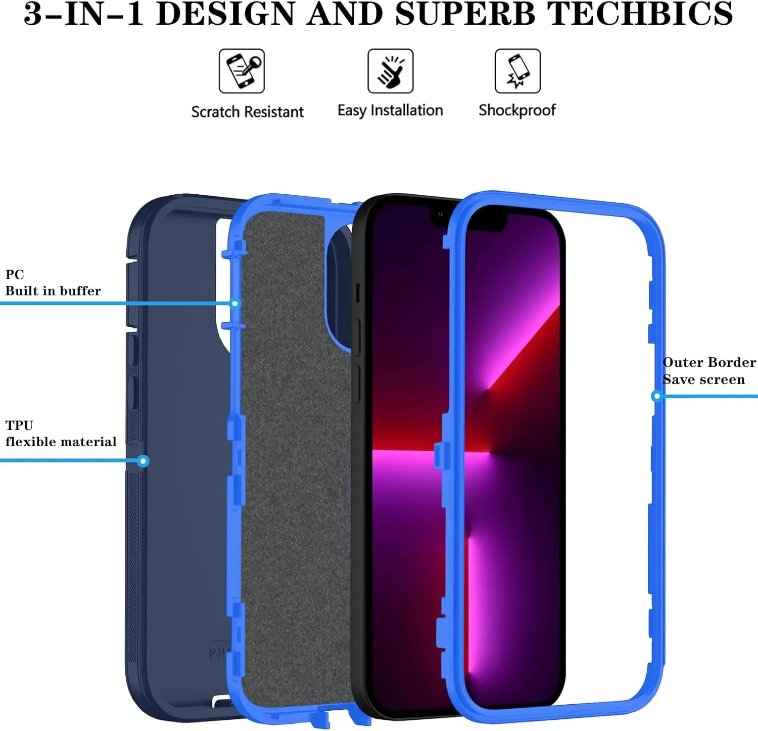 Phone Case for iPhone 13 Pro Max Case with HD Screen Protector, Heavy Duty Shockproof & DustProof & Dropproof 3-Layer Cover Phone Case for iPhone 13 Pro Max (6.7'') (DarkBlue)
