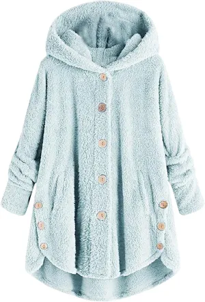 Plus Size Shearling Jacket For Women Plus Size Casual Loose Soft Sherpa Pullover Hoodie Button Down Hooded Pajama Tops