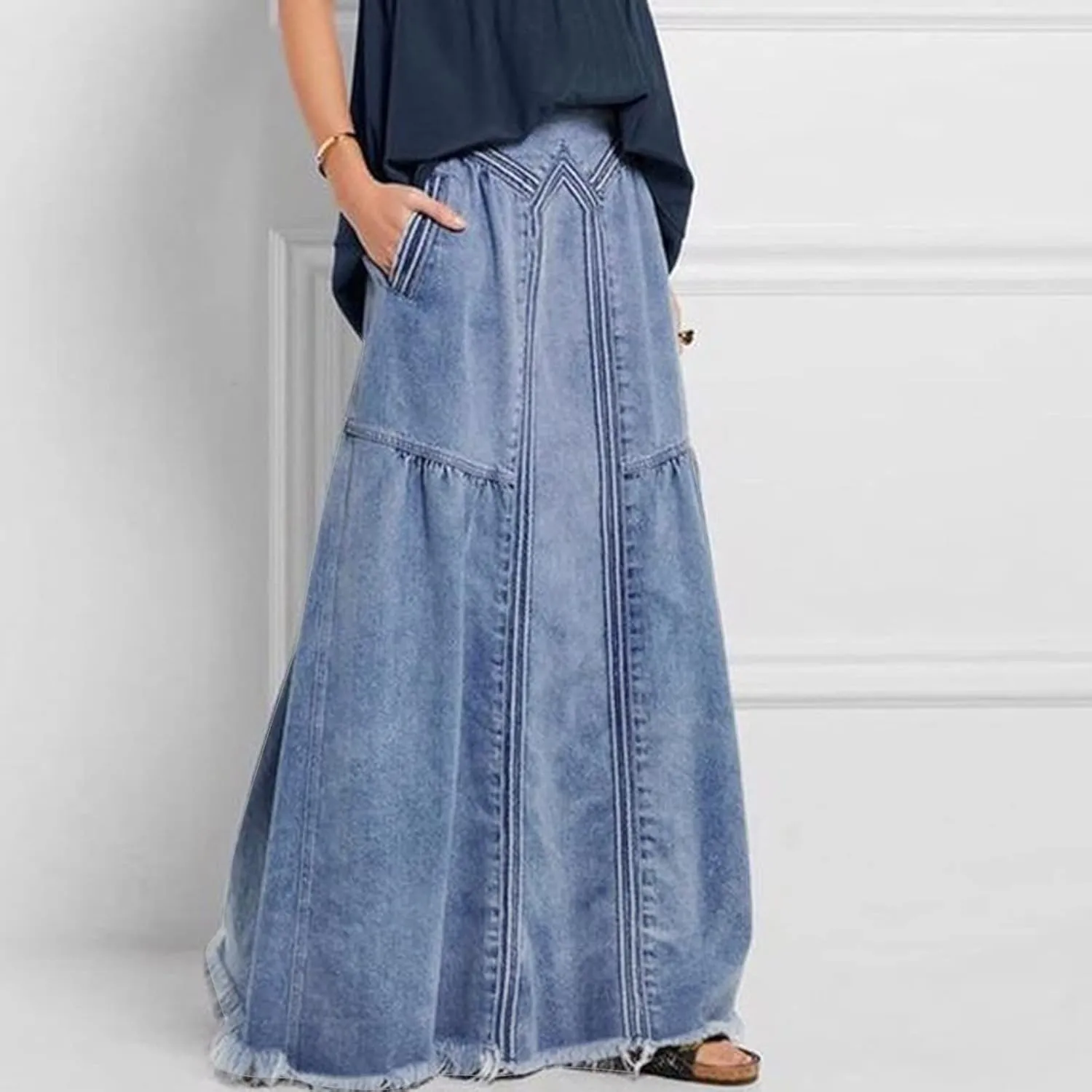 Plus Size Women's Casual Denim Maxi Skirt High Waist A Line Long Denim Skirt Slim Fit A Line Jean Loose Maxi Skirt Girls