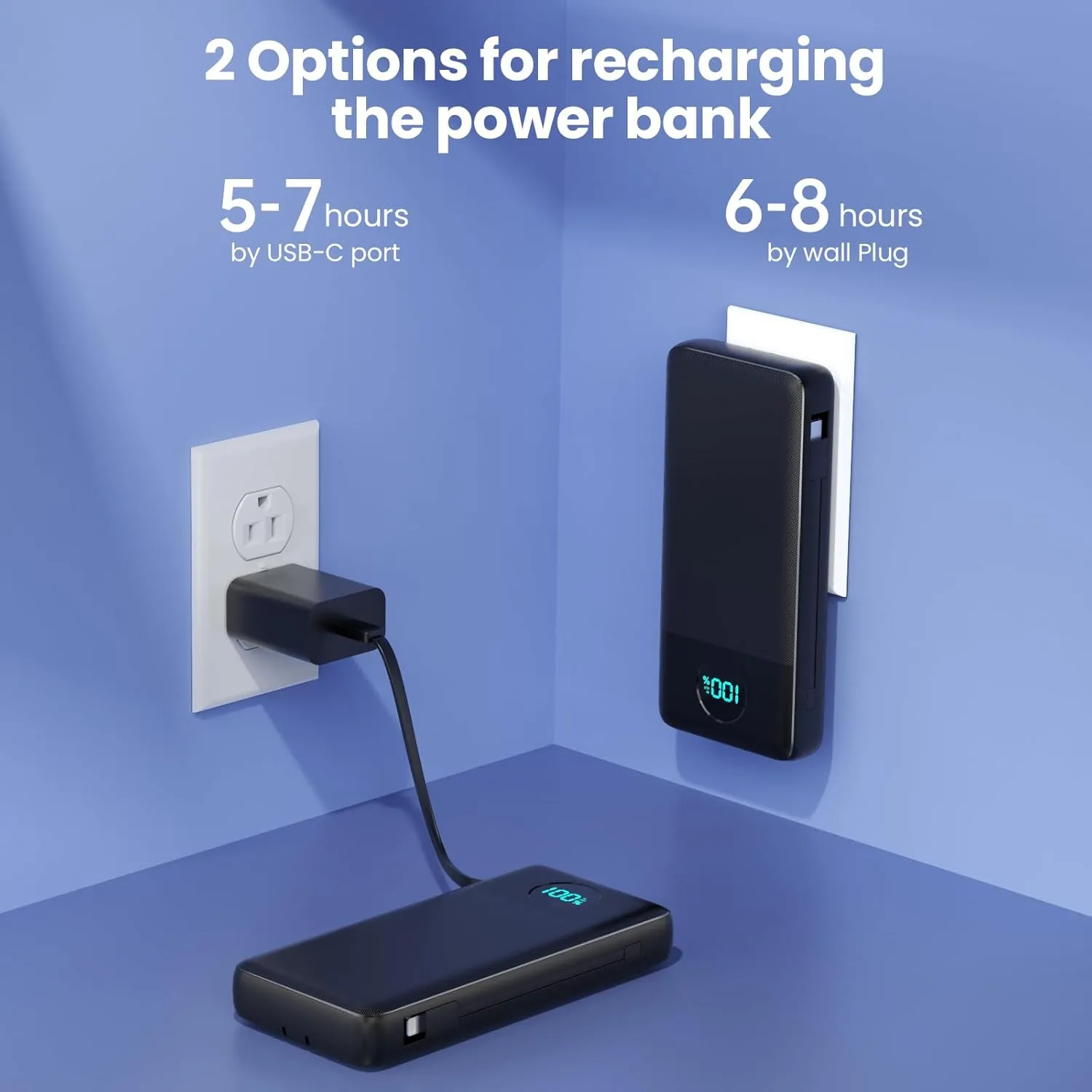 Portable Charger 33800mAh USB C Power Bank with Built-in Cables & AC Wall Plug,25W Fast Charging QC 4.0 Phone Charger,4 Output LCD Display Battery Pack Compatible with iPhone16/15,Samsung,Android etc
