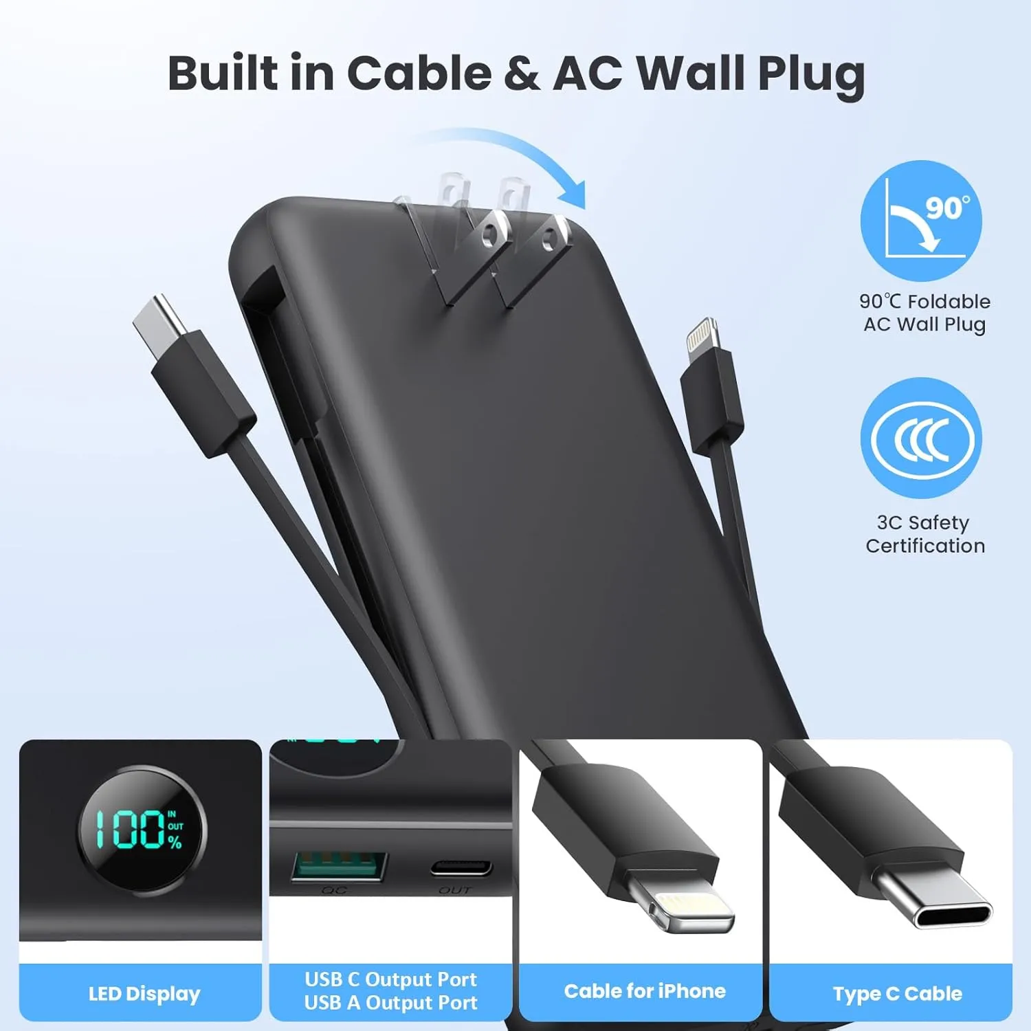 Portable Charger 33800mAh USB C Power Bank with Built-in Cables & AC Wall Plug,25W Fast Charging QC 4.0 Phone Charger,4 Output LCD Display Battery Pack Compatible with iPhone16/15,Samsung,Android etc