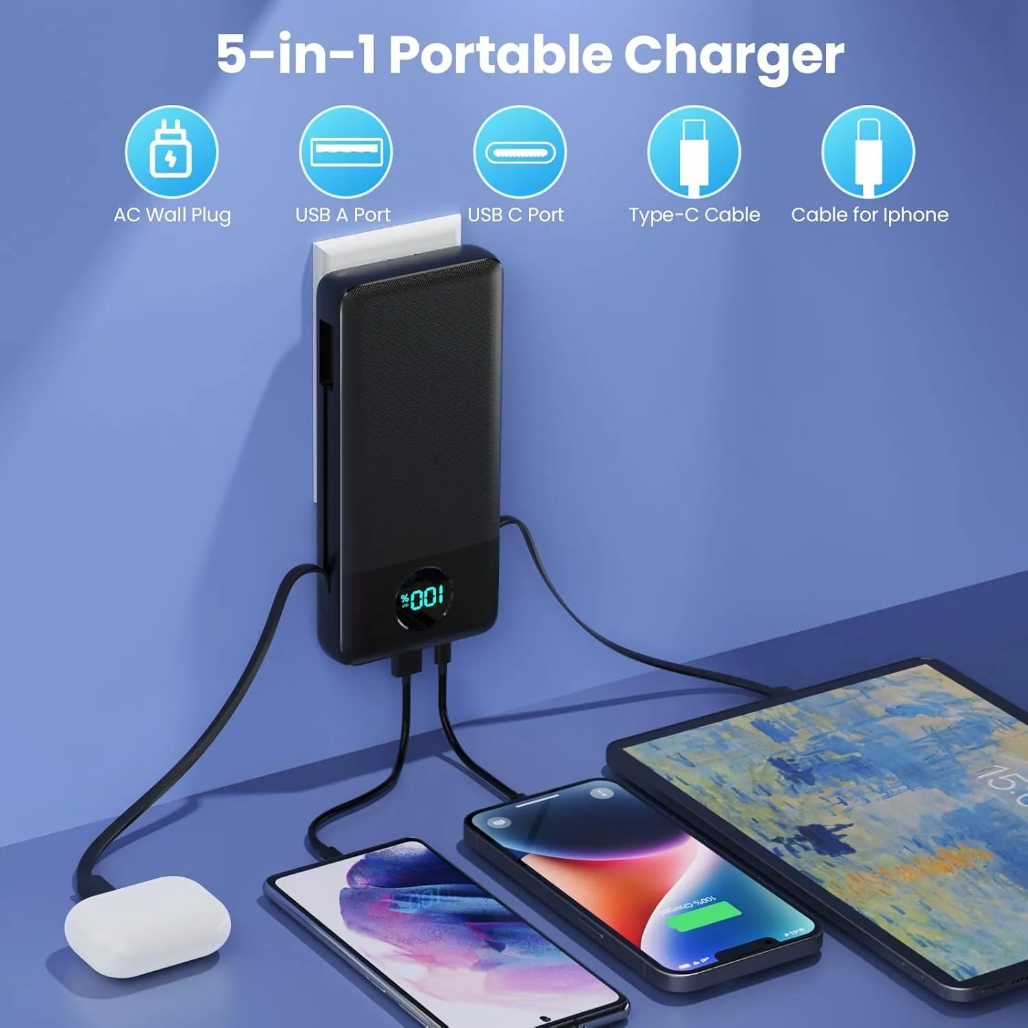 Portable Charger 33800mAh USB C Power Bank with Built-in Cables & AC Wall Plug,25W Fast Charging QC 4.0 Phone Charger,4 Output LCD Display Battery Pack Compatible with iPhone16/15,Samsung,Android etc