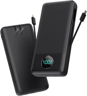 Portable Charger 33800mAh USB C Power Bank with Built-in Cables & AC Wall Plug,25W Fast Charging QC 4.0 Phone Charger,4 Output LCD Display Battery Pack Compatible with iPhone16/15,Samsung,Android etc