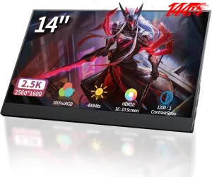 Portable-Monitor-14inch, 2560 * 1600p 2.5K Portable Gaming Monitor 144Hz,Ultra-Slim IPS Screen 400Nits 100% sRGB HDR Laptop Monitor with USB Type C HDMI Port Dual-Speakers