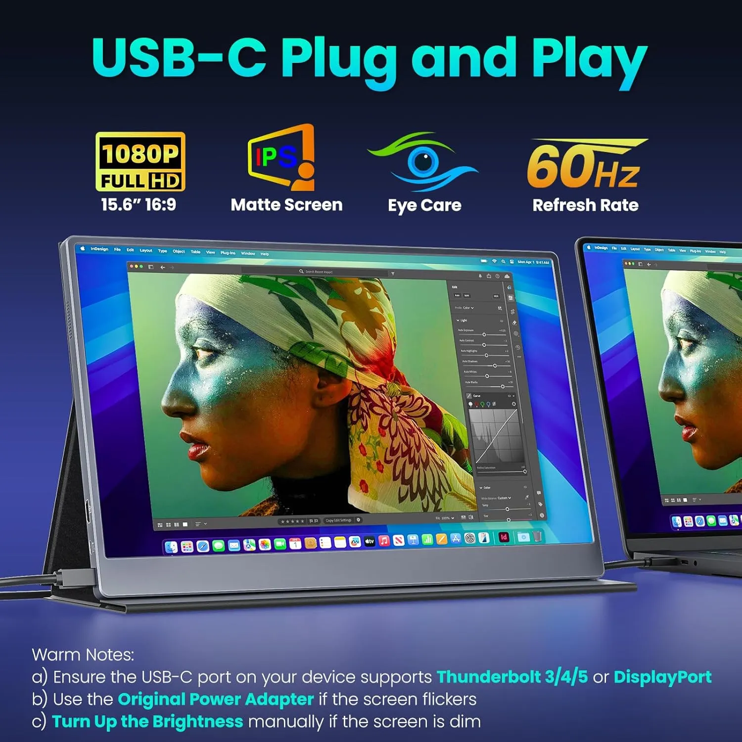 Portable Monitor 15.6 Inch 1080P FHD HDR IPS Travel Screen HDMI USB-C Portable Monitor for Laptop MacBook PC Surface Xbox PS4/5 with Cover, VESA Compatible