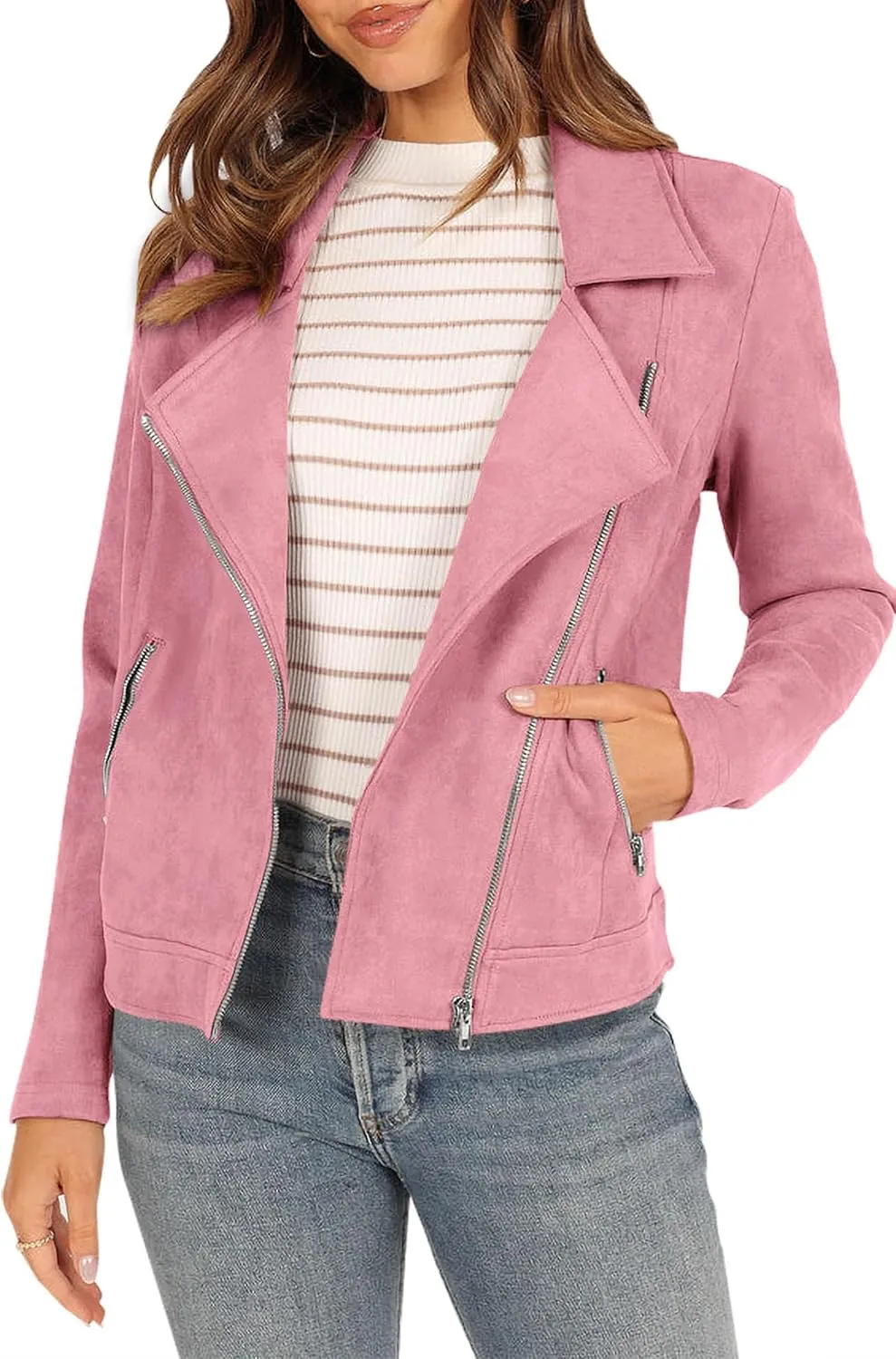 PRETTYGARDEN Womens Winter Moto Jacket Faux Suede Long Sleeve Zip Up Pockets Short Coat Y2K Fall Fashion Dressy Outerwear