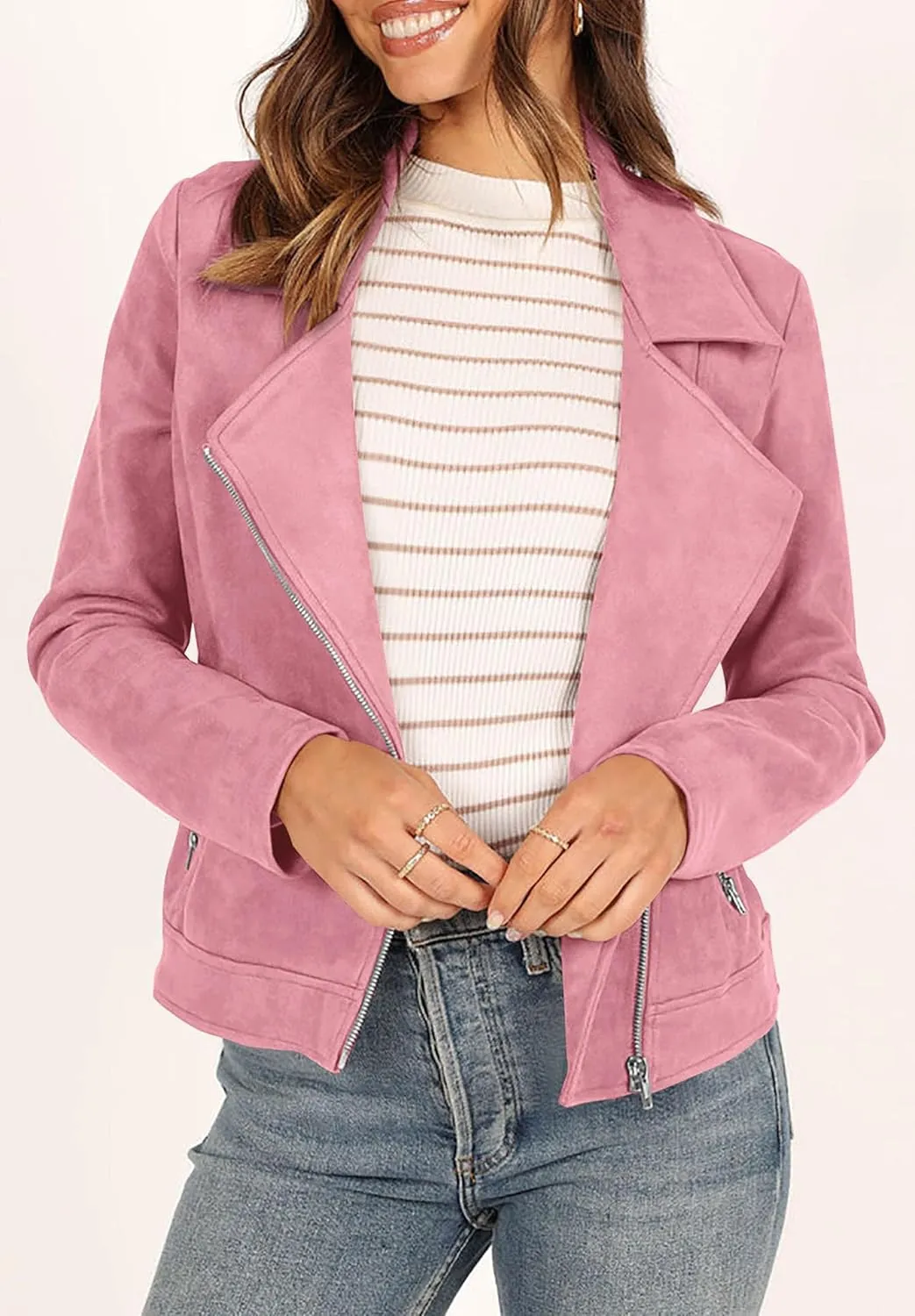 PRETTYGARDEN Womens Winter Moto Jacket Faux Suede Long Sleeve Zip Up Pockets Short Coat Y2K Fall Fashion Dressy Outerwear