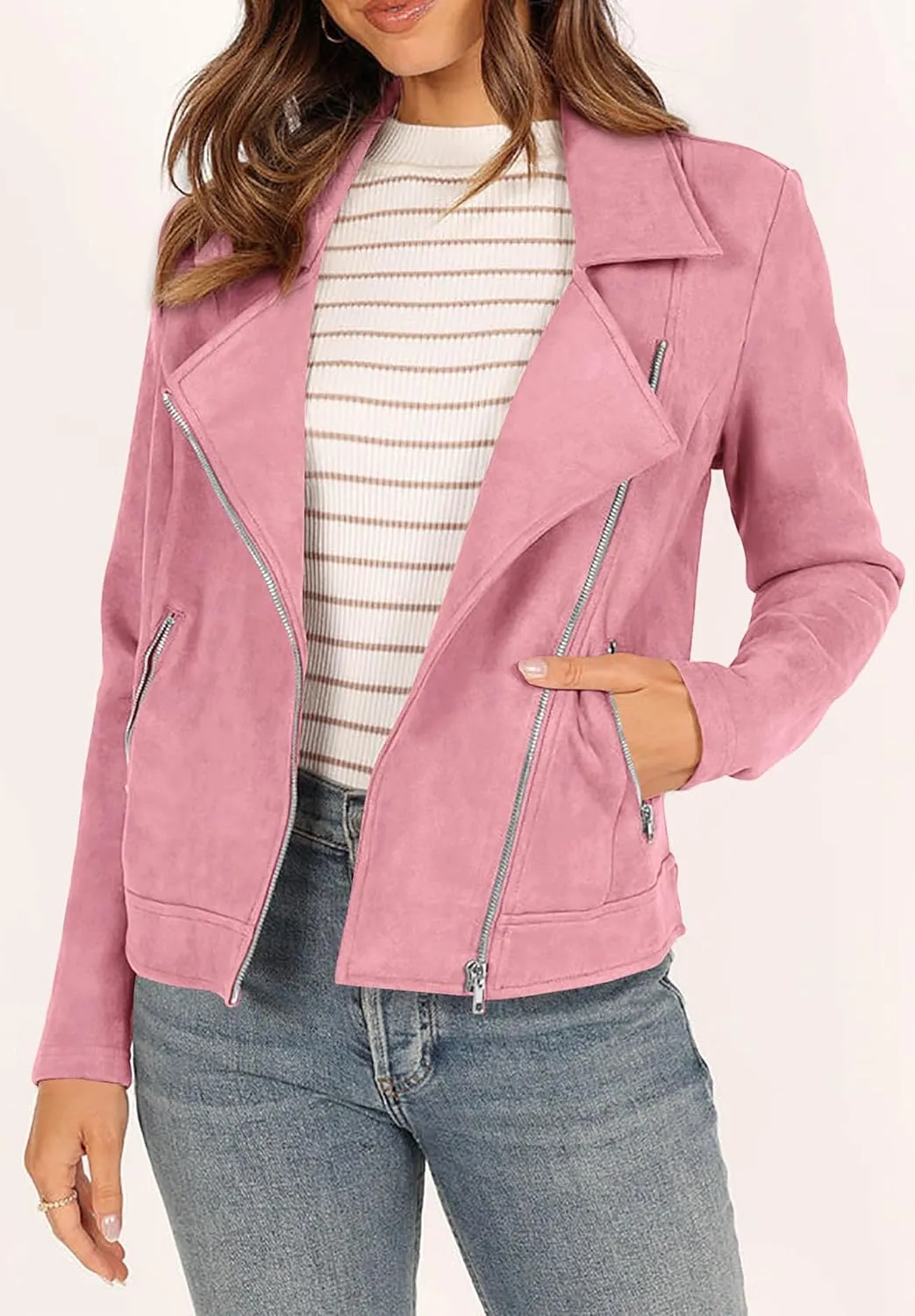 PRETTYGARDEN Womens Winter Moto Jacket Faux Suede Long Sleeve Zip Up Pockets Short Coat Y2K Fall Fashion Dressy Outerwear