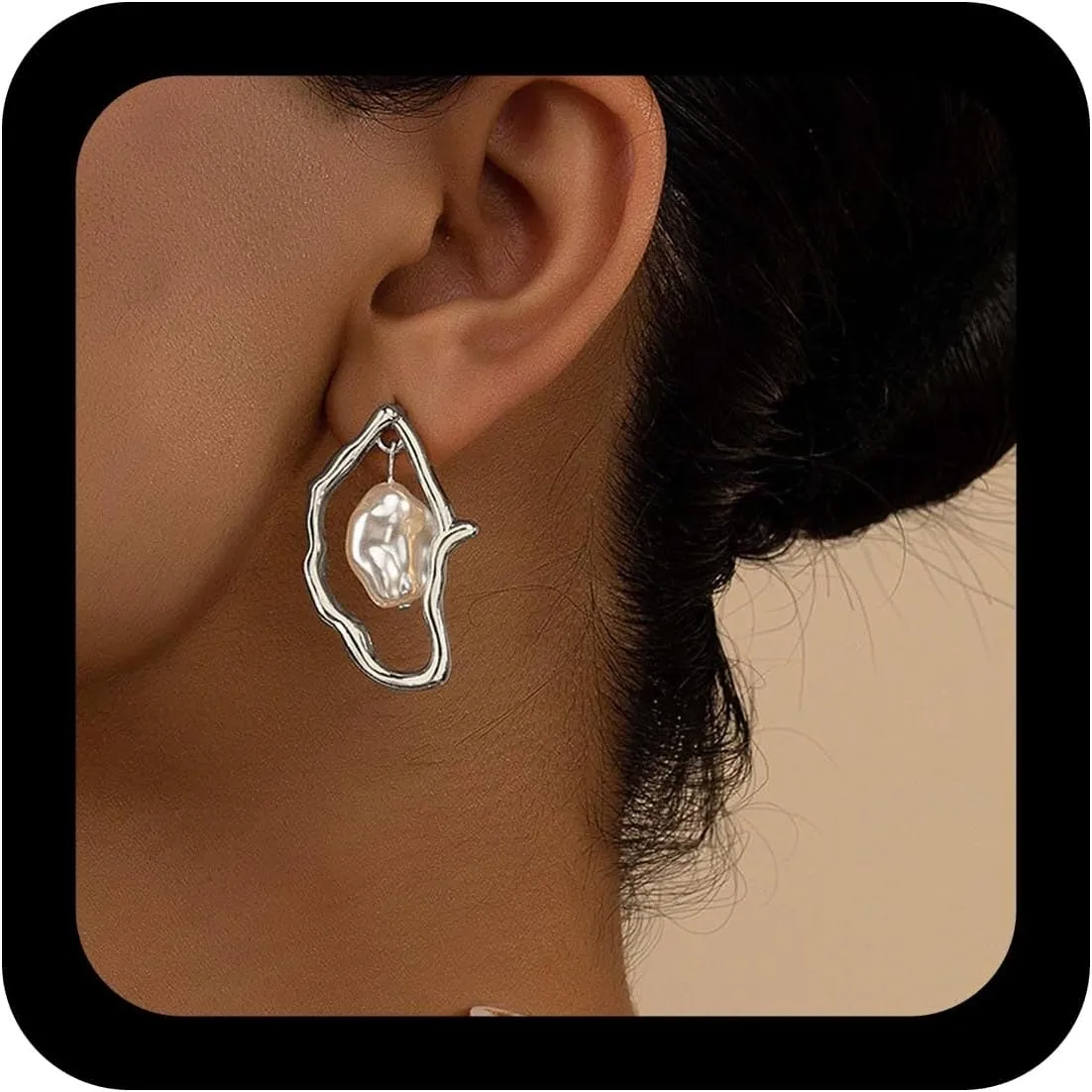 Punk Baroque Pearl Drop Earrings Bridal Pearl Dangle Earring Irregular Gold Hoop Earrings Abstract Metal Earring Irregular Oval Stud Jewelry for Women