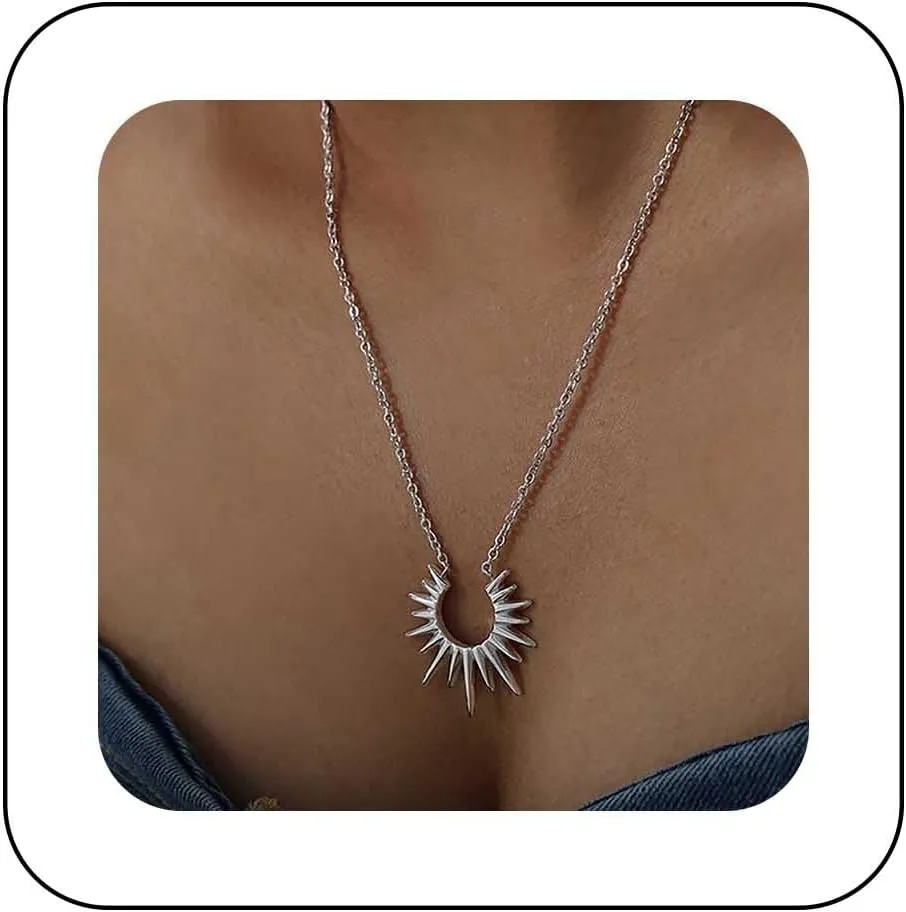 Punk Sunburst Pendant Necklace Sun Rays Necklace Silver Sun Burst Necklace Rising Sun Necklace Spike Sun Choker Necklace Exaggerated Sunshine Necklace Jewelry for Women