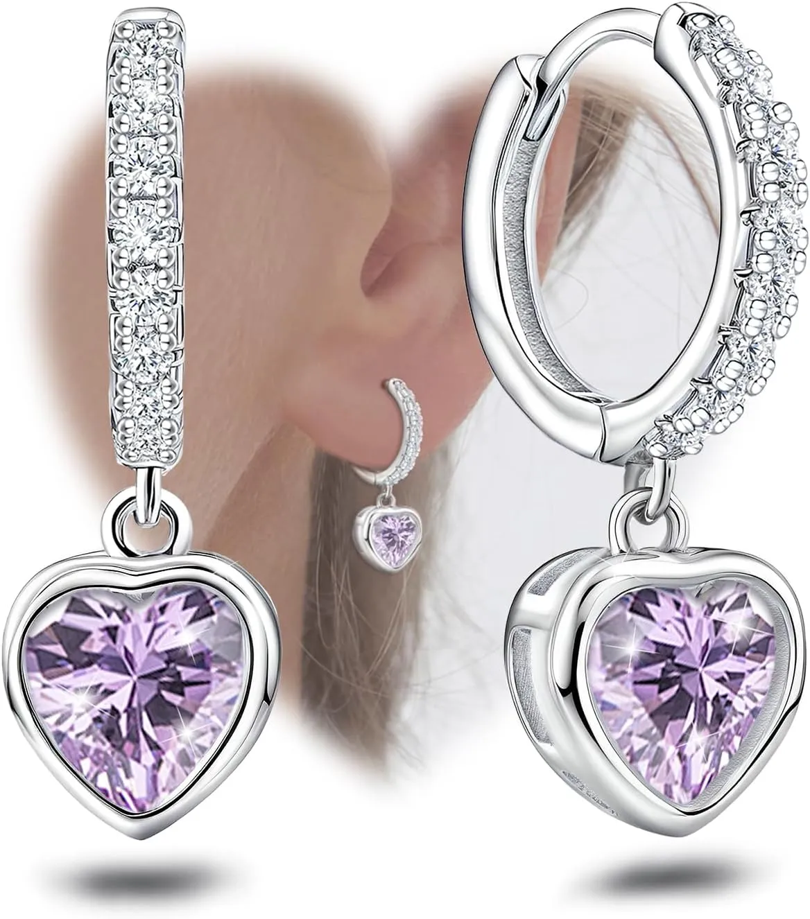 Purple Heart Hoop Earrings with Dangle Sterling Silver Love Heart-Shaped Earrings Trendy Hypoallergenic Cubic Zirconia Hoop Earrings with Dangling Charms Dainty Fashion Loop Earrings for Women Gifts