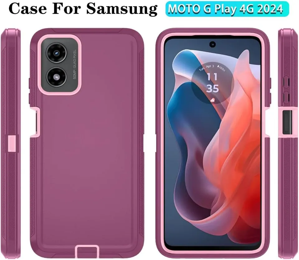 Qinmay Phone Case for Motorola Moto G Play 2024 4G Case with HD Screen Protector, Heavy Duty Shockproof & Dropproof 3-Layer Cover Phone Case for Moto G Play 2024 (WineRed Pink)