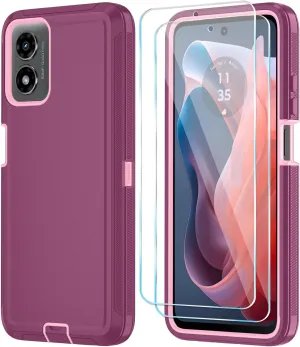 Qinmay Phone Case for Motorola Moto G Play 2024 4G Case with HD Screen Protector, Heavy Duty Shockproof & Dropproof 3-Layer Cover Phone Case for Moto G Play 2024 (WineRed Pink)