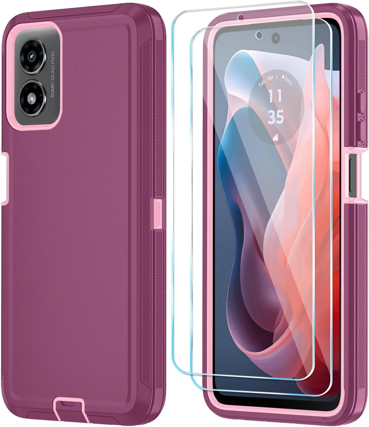 Qinmay Phone Case for Motorola Moto G Play 2024 4G Case with HD Screen Protector, Heavy Duty Shockproof & Dropproof 3-Layer Cover Phone Case for Moto G Play 2024 (WineRed Pink)