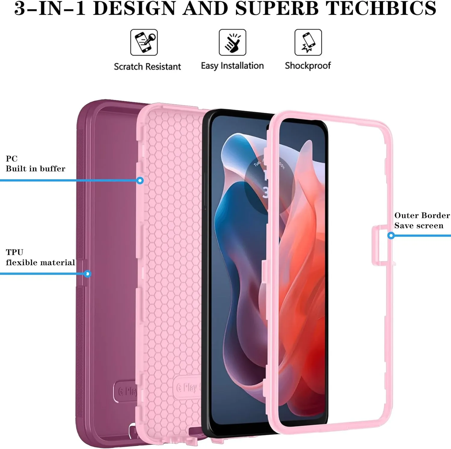 Qinmay Phone Case for Motorola Moto G Play 2024 4G Case with HD Screen Protector, Heavy Duty Shockproof & Dropproof 3-Layer Cover Phone Case for Moto G Play 2024 (WineRed Pink)