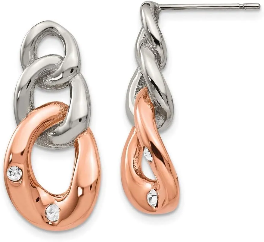 Real Stainless Steel Rose IP Loop Crystal Dangle Studs Post Earrings