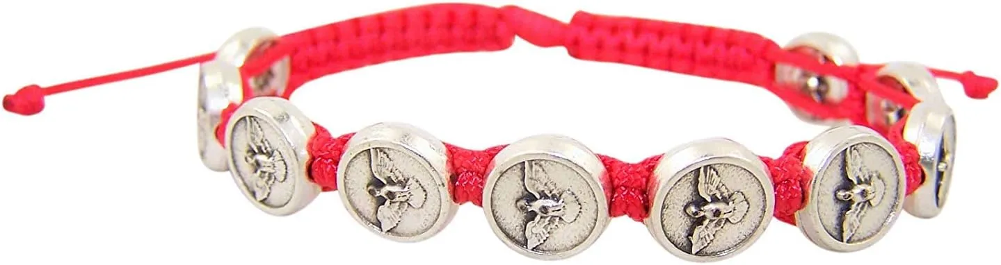 Red Cord Bracelet with Silver Toned Holy Spirit Medals, 8 1/2 Inch