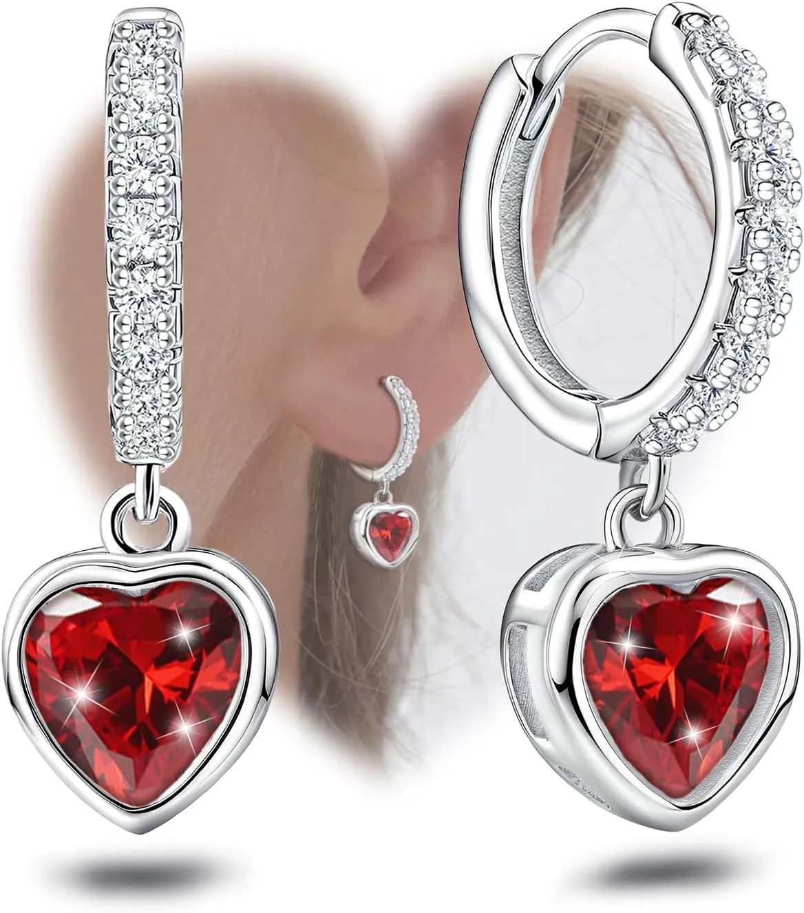 Red Heart Hoop Earrings with Dangle Sterling Silver Love Heart-Shaped Earrings Trendy Hypoallergenic Cubic Zirconia Hoop Earrings with Dangling Charms Dainty Fashion Loop Earrings for Women Gifts