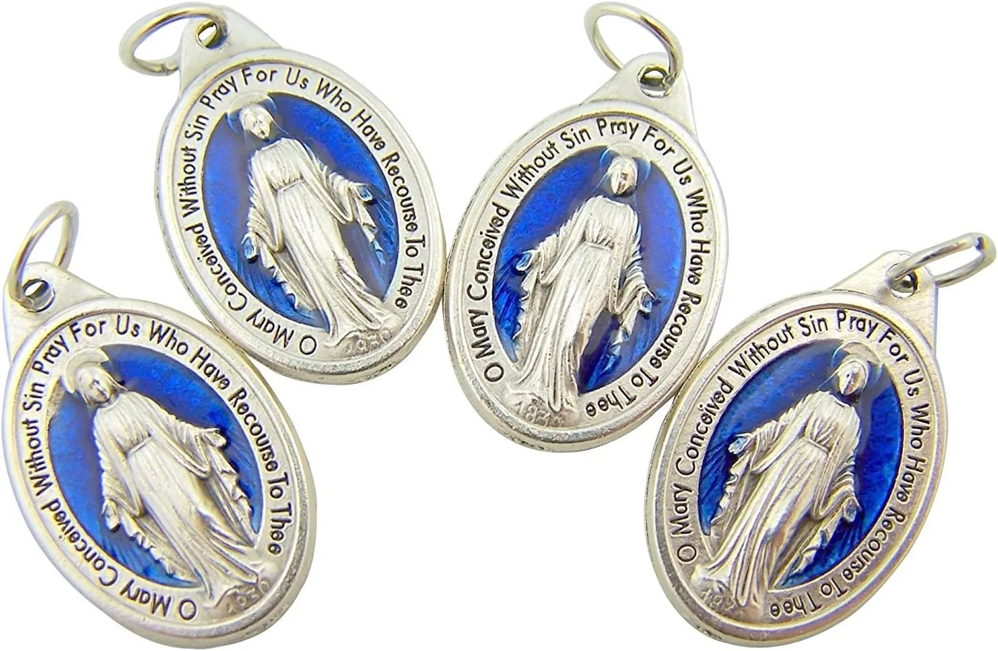 Religious Gifts Men's or Women's Catholic Silver Tone and Royal Blue Miraculous Medal Mary Devotional Charm Pendant, Set of 4