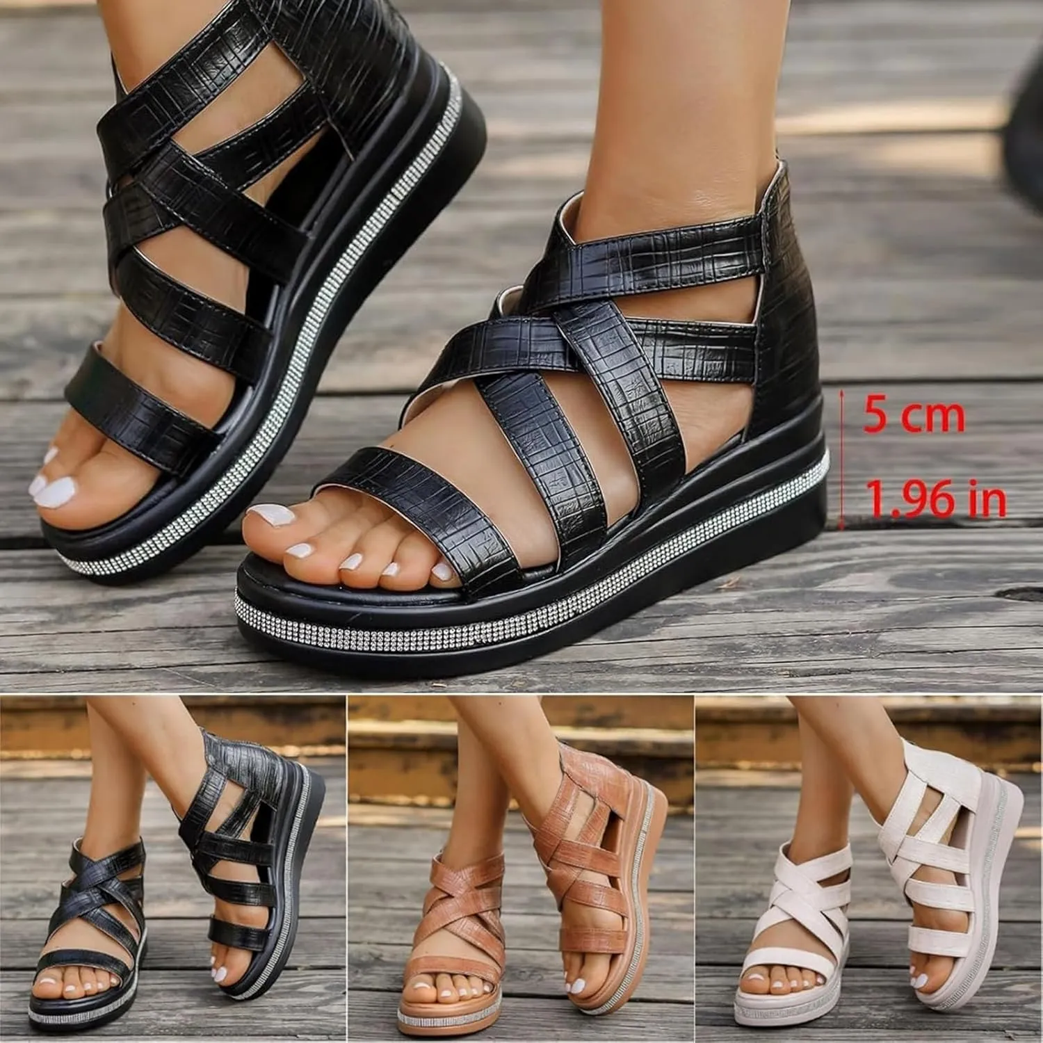 Rhinestone Decor Wedge Sandals, Black Fisherman Sandals for Women Chunky Gladiator Leather Platform Wedge Orthopedic Sandal Open Toe Back Zipper