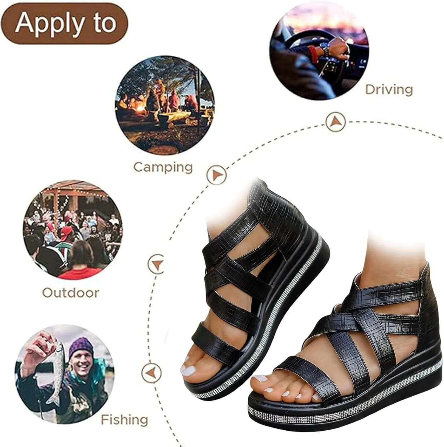 Rhinestone Decor Wedge Sandals, Black Fisherman Sandals for Women Chunky Gladiator Leather Platform Wedge Orthopedic Sandal Open Toe Back Zipper
