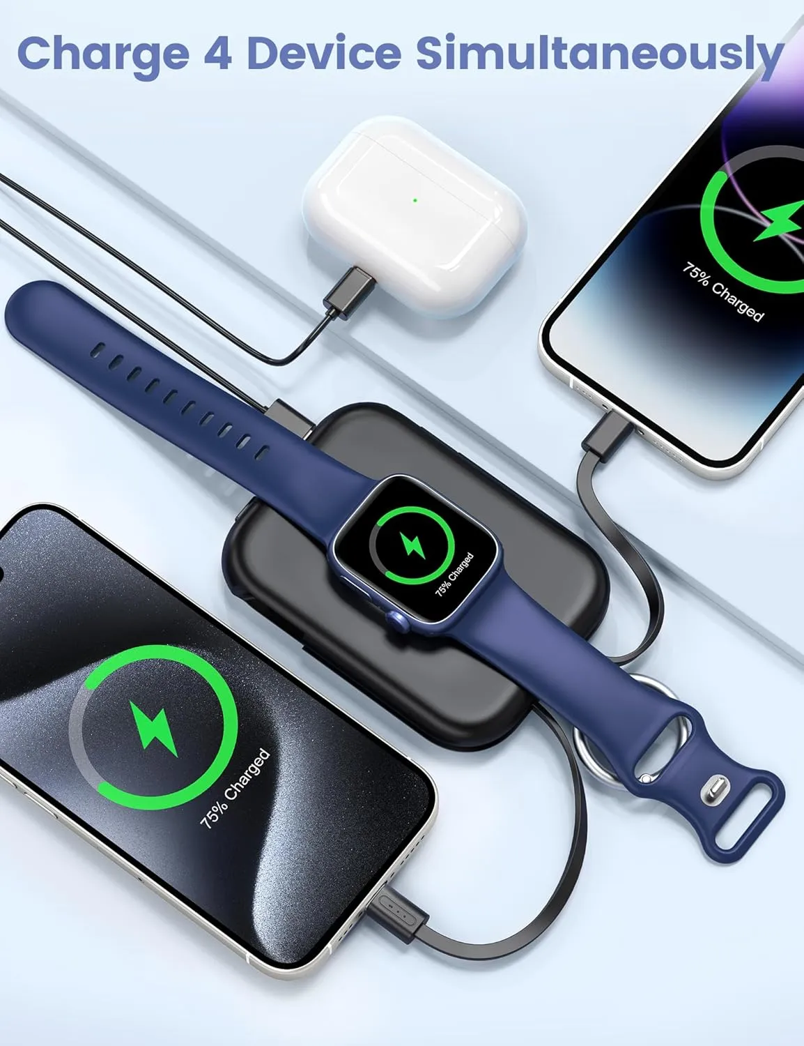 RORRY Portable Charger, 5000mAh Portable Charger Power Bank with Built-in Cables, Travel Keychain Battery Pack for Apple Watch Ultra 2/9/8/Ultra/7/6/SE/5, iPhone 16/15/14/13/12, Black