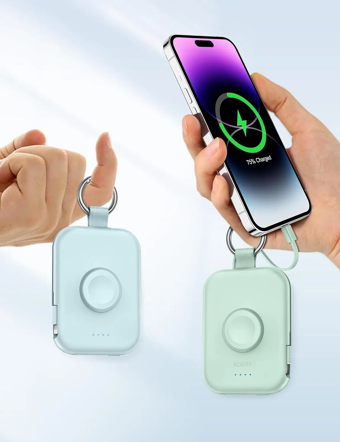 RORRY Portable Charger, 5000mAh Portable Charger Power Bank with Built-in Cables, Travel Keychain Battery Pack for Apple Watch Ultra 2/9/8/Ultra/7/6/SE/5, iPhone 16/15/14/13/12, Black