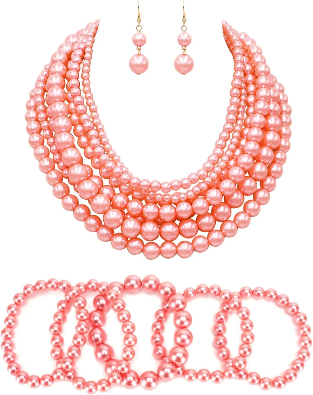 Rosemarie & Jubalee Women's Perfectly Peach Multi Strand Simulated Pearl Necklace Earrings And Set Of 5 Stacking Pearl Bead Stretch Bracelets Bridal Jewelry Set