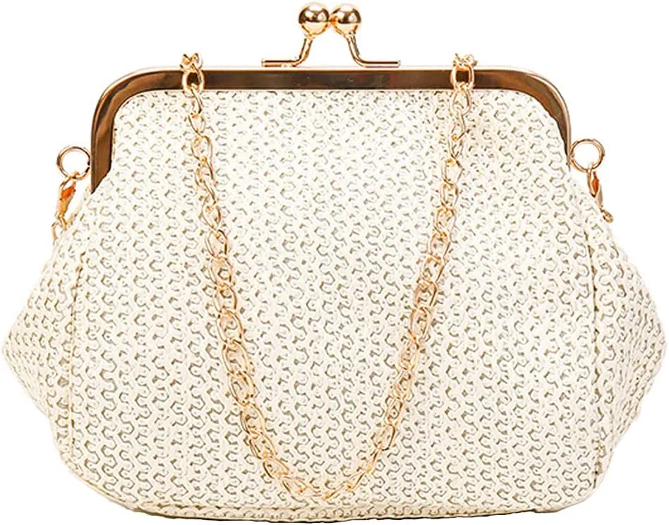 ROUROU Retro Hollow Handbag for Women Straw Shoulder Bag Evening Clutch Bag Kiss Lock Closure Crossbody Bag Purse